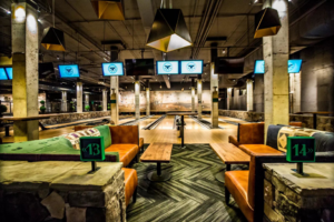 Modern patterned commercial carpet installed in a bowling alley lounge by DCO Commercial Floors in Atlanta, GA.