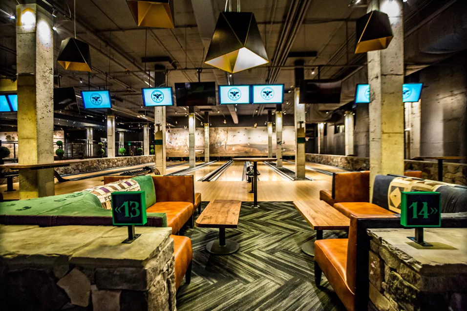 Modern patterned commercial carpet installed in a bowling alley lounge by DCO Commercial Floors in Atlanta, GA.