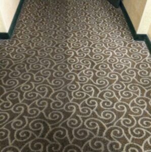 A hallway featuring a patterned commercial carpet, likely installed or cleaned by Clean Sweep Services in Summerville, SC.