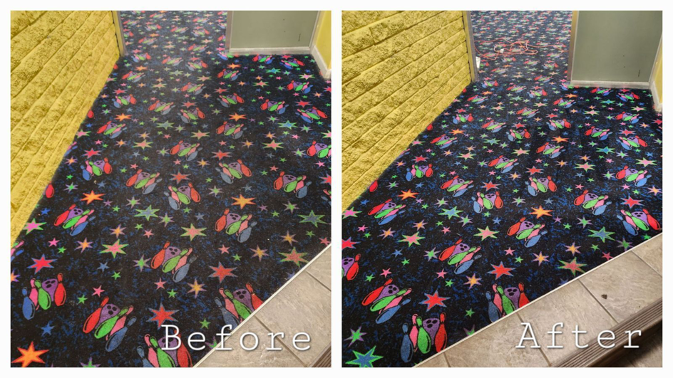 Before and after comparison of patterned hallway carpet cleaning by Hawkins Carpet Cleaning in Owensboro, KY