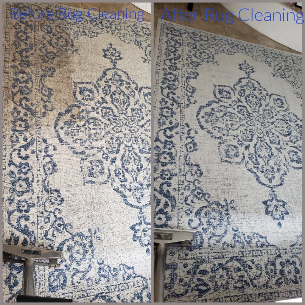 A patterned rug showing a clear before and after comparison of professional cleaning by Steamaway Carpet Cleaning in Albuquerque, NM.