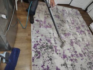 A person professionally cleaning an area rug with a cleaning wand by D&D Carpet Cleaning & Janitorial in West Columbia, SC
