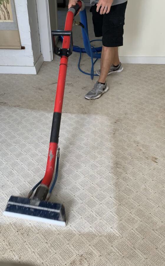 A person cleaning a patterned carpet with a professional carpet cleaning machine at C&R's Carpet Cleaning in Ellsworth, ME.
