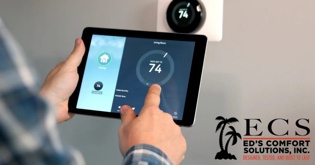 A person controlling a smart thermostat with a tablet, demonstrating modern HVAC control from Ed's Comfort Solutions, Inc in Callahan, FL.