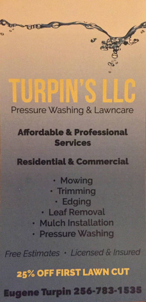 A person mowing a large lawn with a riding mower for Turpin's Lawn Care Service in Madison, AL.