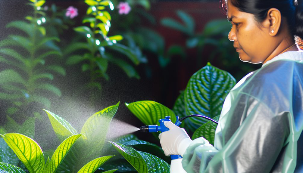A pest control professional spraying foliage with a handheld device for Mosquito Eliminators in Hattiesburg, MS