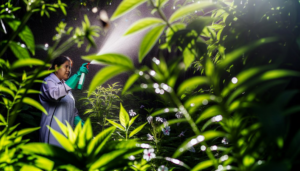 A person wearing gloves spraying plants with a handheld sprayer for mosquito control at Mosquito Eliminators in Hattiesburg, MS
