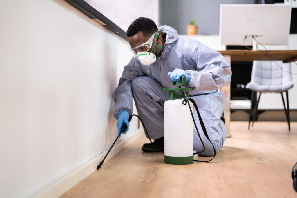 A pest control expert in protective gear spraying along a baseboard, providing pest treatment for SWAT It Pest Control in Tempe, AZ.