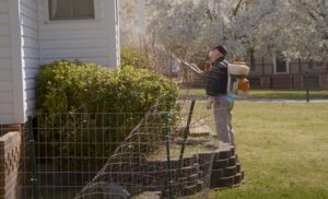 A pest control expert spraying bushes around a home to prevent pests for Richmond Pest Control in Richmond, KY.