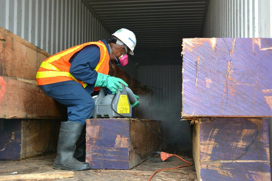 A pest control technician fumigating wood inside a shipping container for Davis "The Bug Busters" LLC in Lexington, KY.