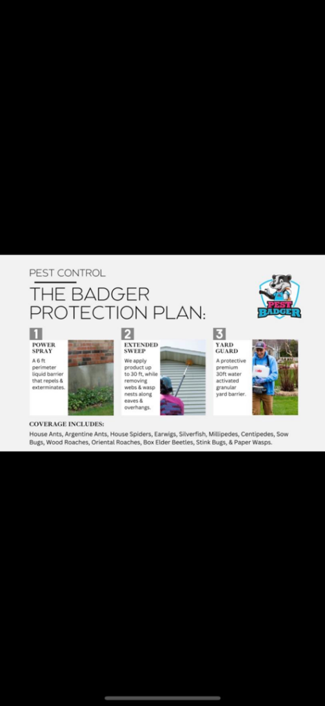 An infographic detailing the Pest Badger Protection Plan, showing pest control services in Chippewa Falls, WI.