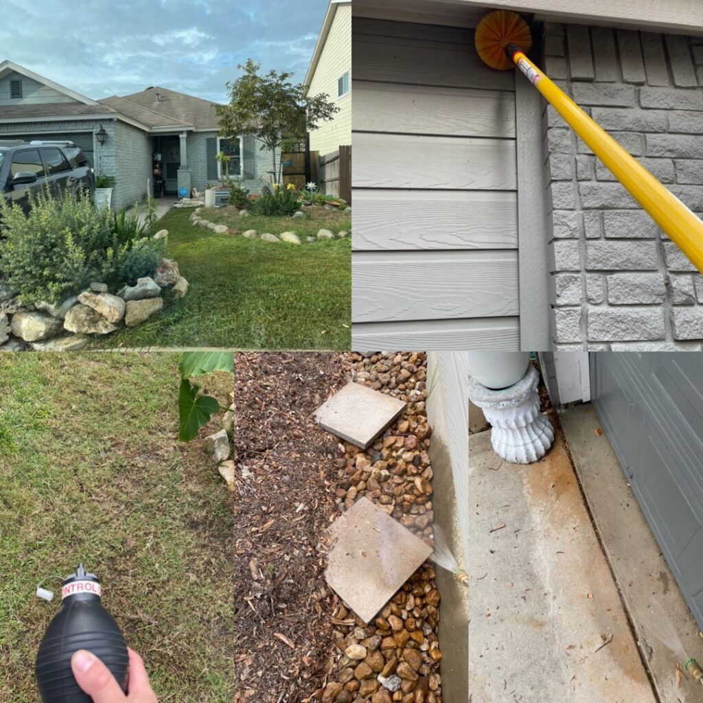 A collage showing Hawx Pest Control services, including dusting eaves and spraying a garden bed in San Antonio, TX.