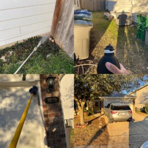 A collage showing Hawx Pest Control services, including spraying a foundation and dusting around a house in San Antonio, TX.