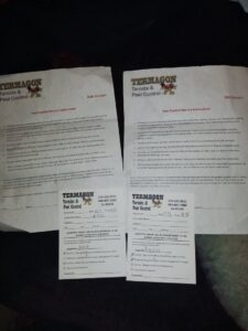 Pest control service instruction sheets and inspection reports from Termagon Termite & Pest Control in Tucson, AZ.