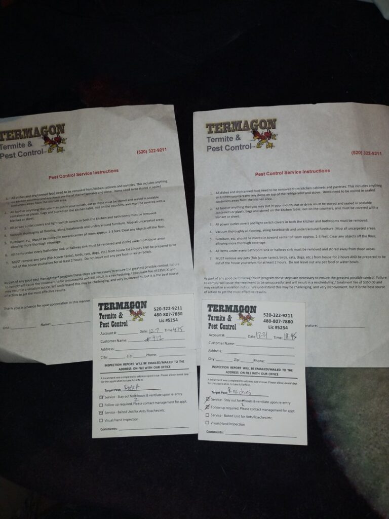 Pest control service instruction sheets and inspection reports from Termagon Termite & Pest Control in Tucson, AZ.