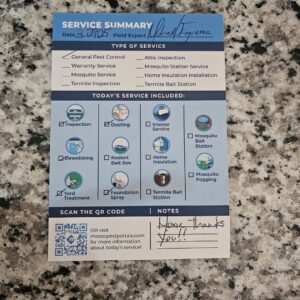 A service summary document detailing pest control services provided by Moxie Pest Control Bentonville in Springdale, AR.