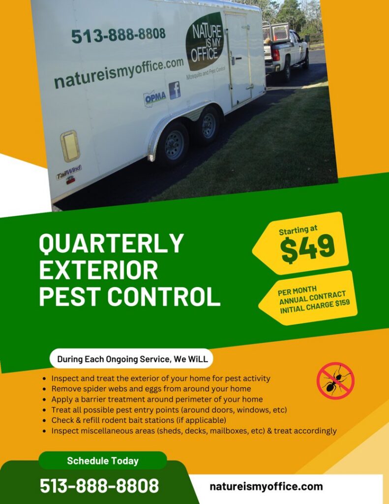 A Nature Is My Office LLC pest control service trailer with company branding in Cincinnati, OH.