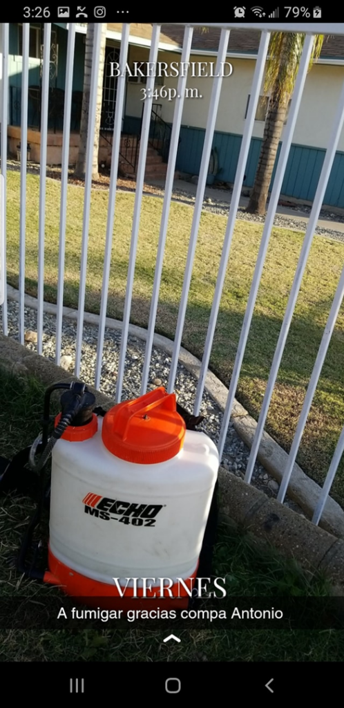 A professional pest control sprayer, an ECHO MS-402, ready for use by jsantanapestcontrol in Bakersfield, CA.