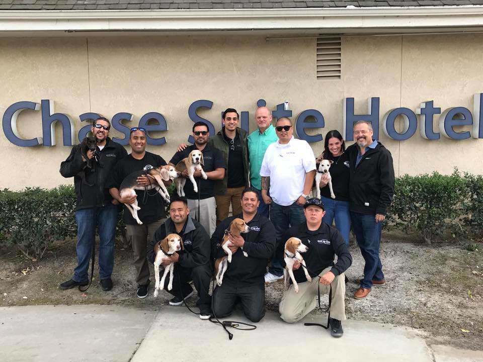 The pest control team with their bed bug detection dogs in front of a hotel, from Round The Clock Pest Control San Francisco in Canyon Country, CA.