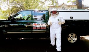 A Mario's Pest Control technician in a full beekeeper suit, ready for a bee or wasp removal job in Hamilton, NJ.