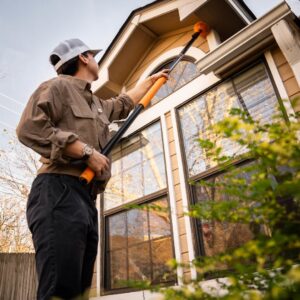 A pest control technician using a long brush to clean the exterior of a house for Ozark Pest Control in Fayetteville, AR.