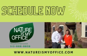 A Nature Is My Office LLC pest control technician discussing service details with a customer in Cincinnati, OH.