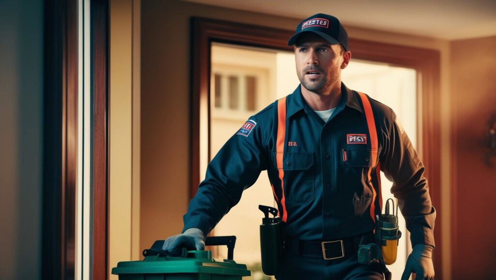 A pest control technician from Buzz Kill Pest Control entering a home with equipment to begin a service in Indianapolis, IN.