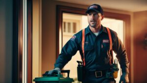 A pest control technician from Buzz Kill Pest Control entering a home with equipment to begin a service in Indianapolis, IN.