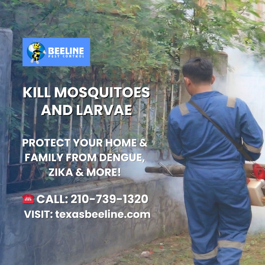 A pest control technician fogging for mosquitoes outdoors, providing mosquito control services by Beeline Pest Control Texas in San Antonio, TX.