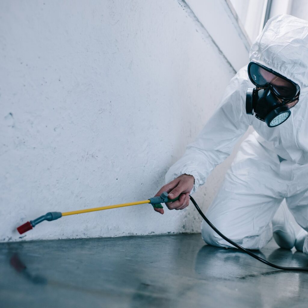 A pest control technician wearing a gas mask and protective suit spraying a wall for pests by Snaps Pest Control in Birmingham, AL.