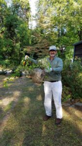 A pest control technician holding a large wasp nest removed from a tree branch by Green Pest Management LLC in New Castle, DE