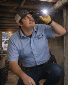 A Montana Pest Solutions technician inspecting a crawl space with a flashlight in Missoula, MT