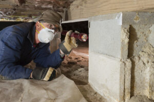 A pest control technician from the bugman in Anaheim, CA, inspecting a crawl space with a flashlight.