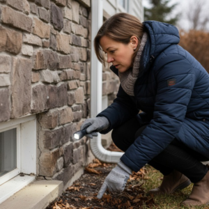 A pest control technician inspecting a house foundation with a flashlight for Elite Pest Control Idaho in Boise, ID
