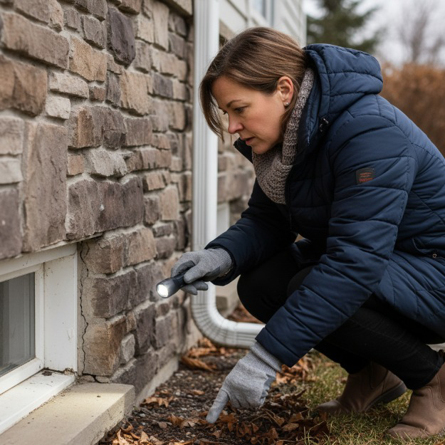 A pest control technician inspecting a house foundation with a flashlight for Elite Pest Control Idaho in Boise, ID
