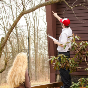 A pest control technician inspecting the exterior of a house for Arab Pest Control in Evansville, IN.