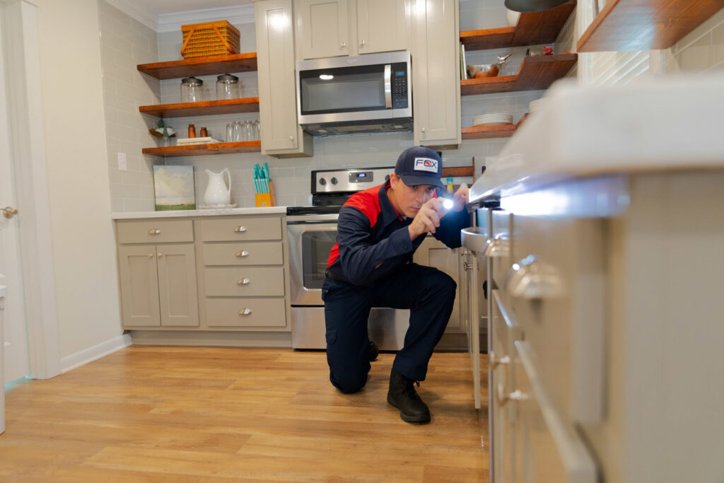 A Fox Pest Control technician inspecting under a kitchen counter for pests in Glen Ellyn, IL