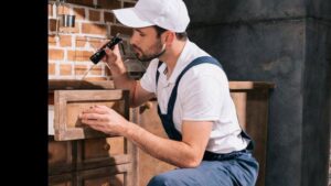A pest control technician inspecting a kitchen drawer with a flashlight for signs of pests at Pros In Control Pest Services in Jersey City, NJ.