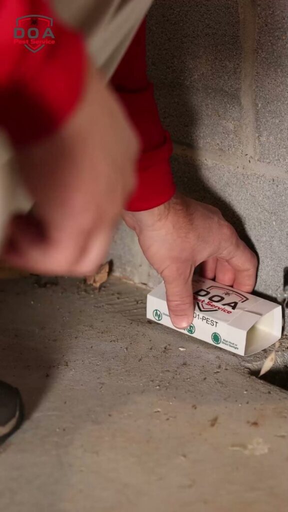 A pest control technician placing an indoor bait box for pest management by DOA Pest Service in Nashville, TN.