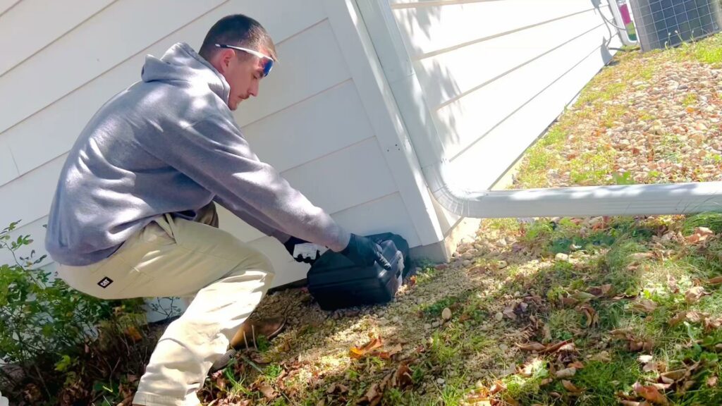 A pest control technician placing a rodent bait station near a house foundation for Modern Solutions Pest Control in Rockford, IL.