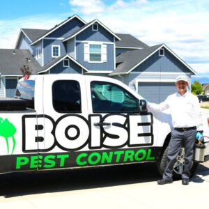 A Pest Control Service Boise technician holding a sprayer next to a branded truck at a residential property in Boise, ID.