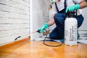 A pest control technician in protective gear spraying along a baseboard inside a home for Brownco Pest Control in Wilmington, DE.