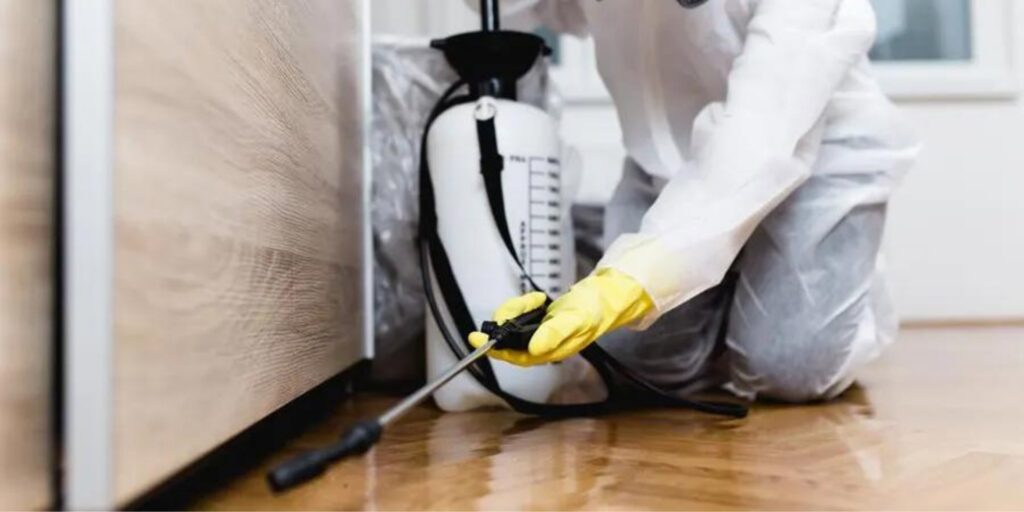 A pest control technician in protective gear spraying along a baseboard in a home by Snaps Pest Control in Birmingham, AL.