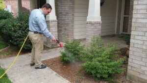 A pest control technician spraying bushes around a residential property for pest treatment by Beeline Pest Control Texas in San Antonio, TX.