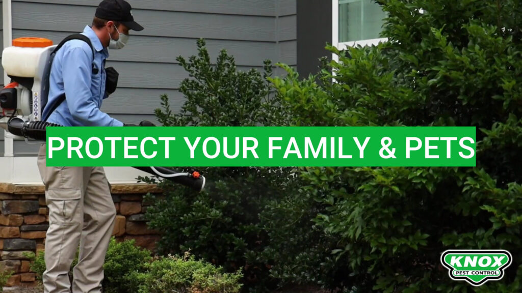 A Knox Pest Control technician spraying bushes outside a home for pest control in Columbus, GA.
