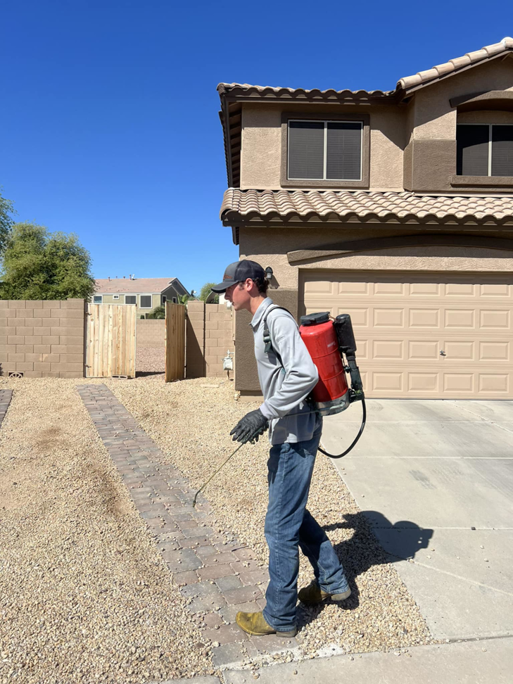 A C4 Pest Solutions technician applying pest control treatment with a backpack sprayer outside a home in Wittmann, AZ.