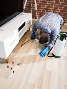A pest control technician spraying for cockroaches on a floor, showing effective pest removal by Bug Doctor in Las Vegas, NV.