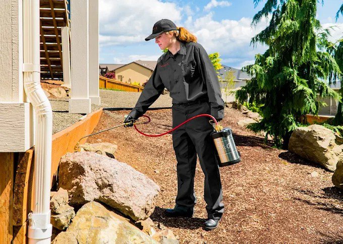 A pest control technician spraying pest control treatment along the exterior foundation for X-Out Pests Control in Little Rock, AR.