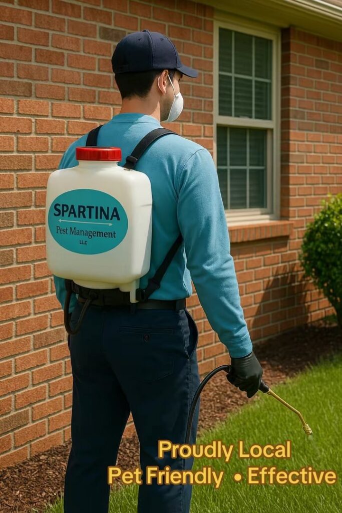 A pest control technician spraying the exterior of a brick house for Spartina Pest Management in Port Royal, SC.