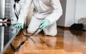 A pest control technician in protective gear spraying along a floor for pest control by Best Pest Control Services in Corpus Christi, TX.